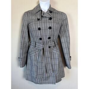 BCX Plaid Trench Coat Sz L Black White Double Breasted Tartan Classic Academia